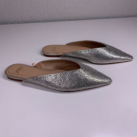 ZARA Metallic‎ Silver Rhinestone Embellished Pointed Toe Mule Flats Size 36 - Picture 6 of 11